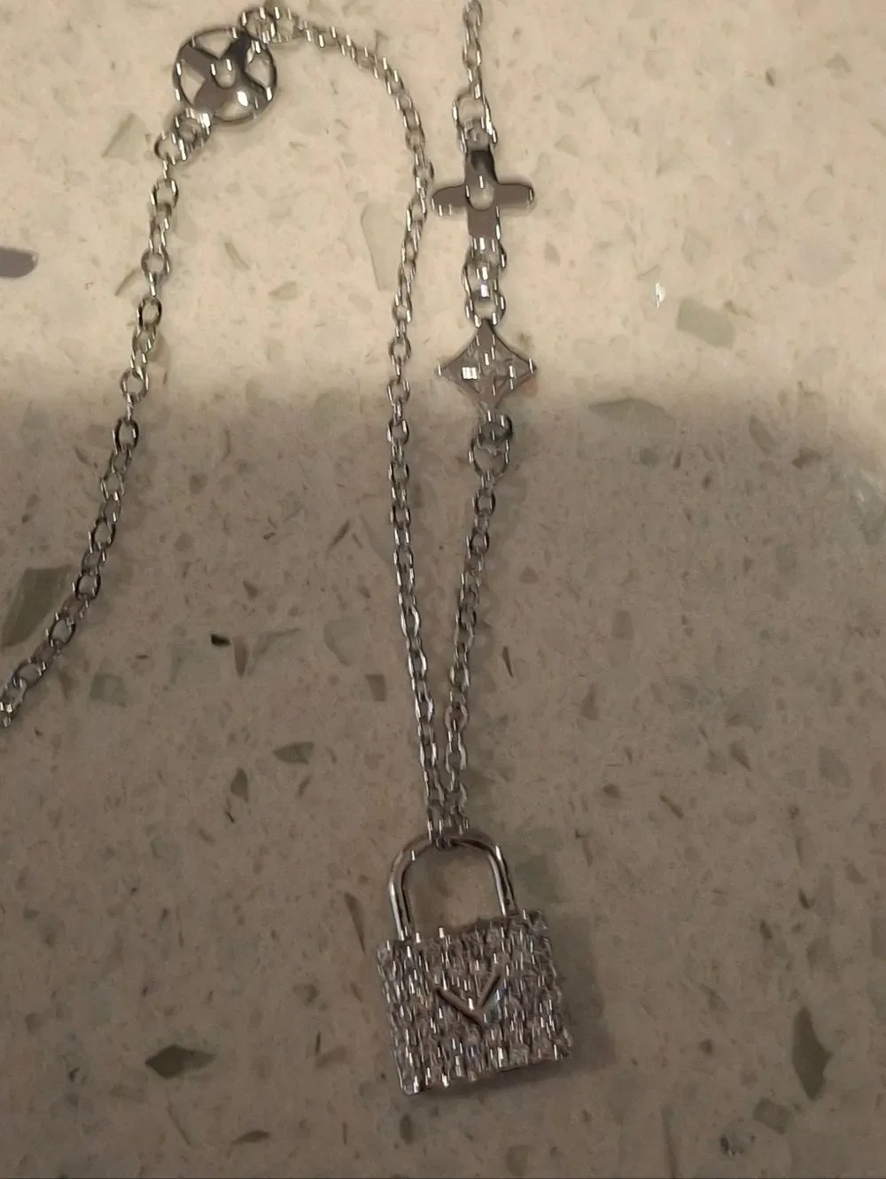 Silver Diamond V Lock Pendant Necklace
